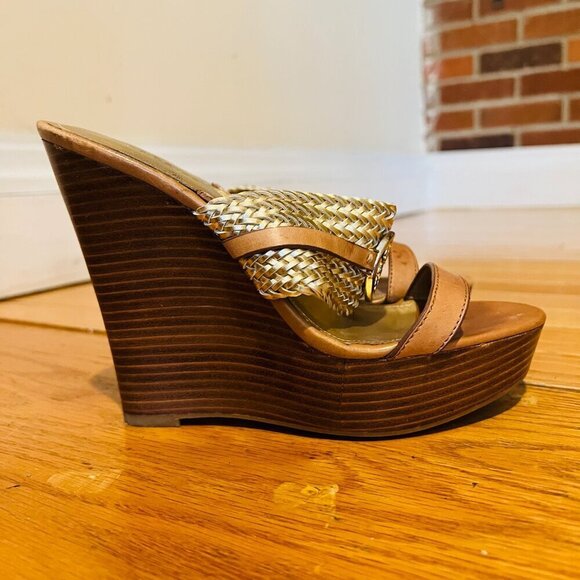Coach Beatriz Women Sz 6.5 Wedge Heel Platform Sandal Gold Tan Brown Slingback - Picture 8 of 16